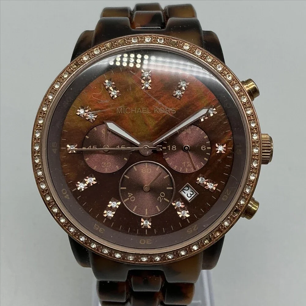 Michael Kors Blair Women Watch 43mm Faux Tortoise Band MK-5366 New Battery 6.5